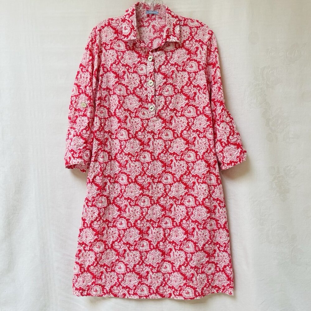 J McLaughlin Cotton Tunic Dress Womens Small Pockets Pink‎ Floral Cottage Party